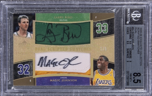 2005-06 UD "Exquisite Collection" Scripted Swatches Dual #BJ Larry Bird/Magic Johnson Dual Signed Game Used Patch Card (#1/5) – BGS NM-MT+ 8.5/BGS 9